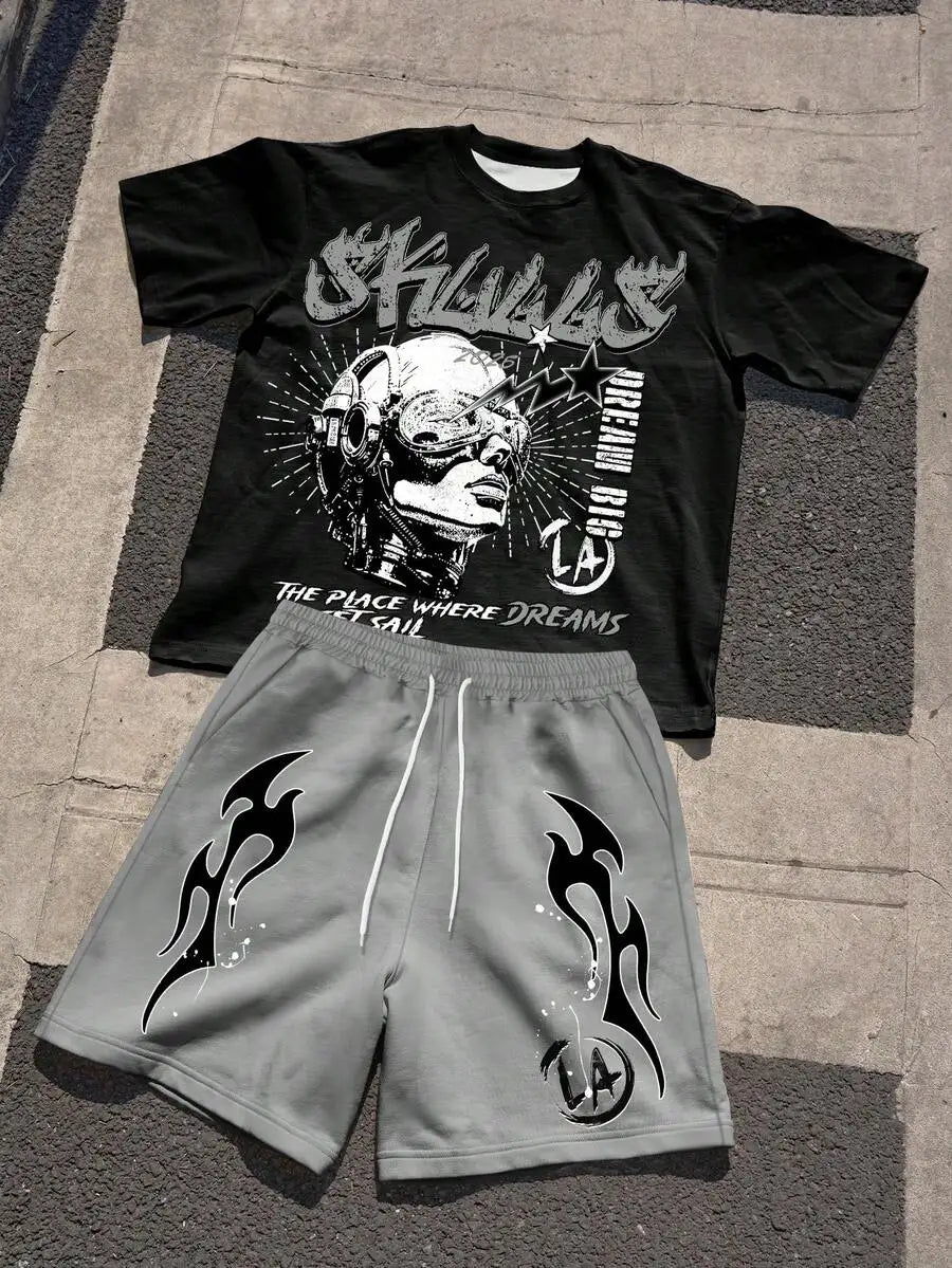 Mens Graphic Print Short Sleeve T Shirt Drawstring Shorts Set