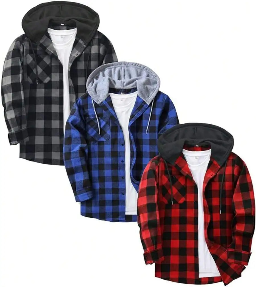 3 Pack Mens Flannel Hooded Shirt Jacket Plaid With Pocket