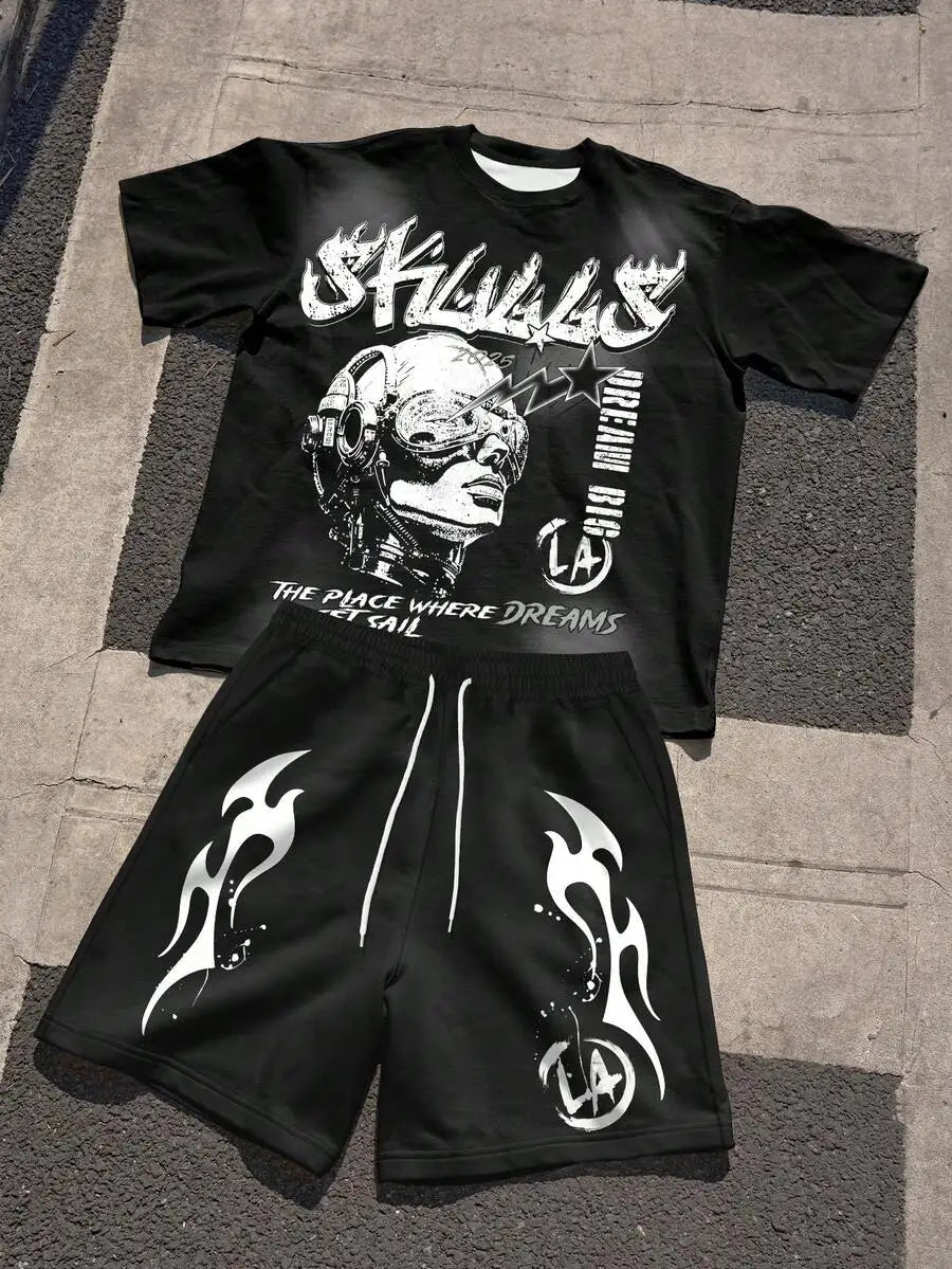 Mens Graphic Print Short Sleeve T Shirt Drawstring Shorts Set
