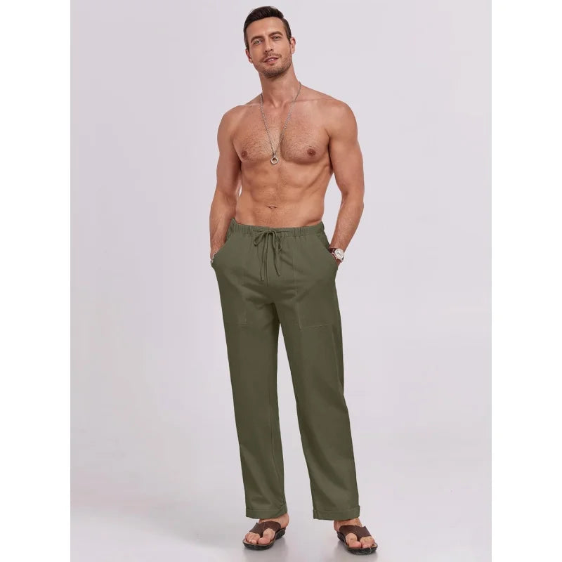 Mens Linen Pants With Elastic Waist Drawstring Loose Fit Beachwear Pockets