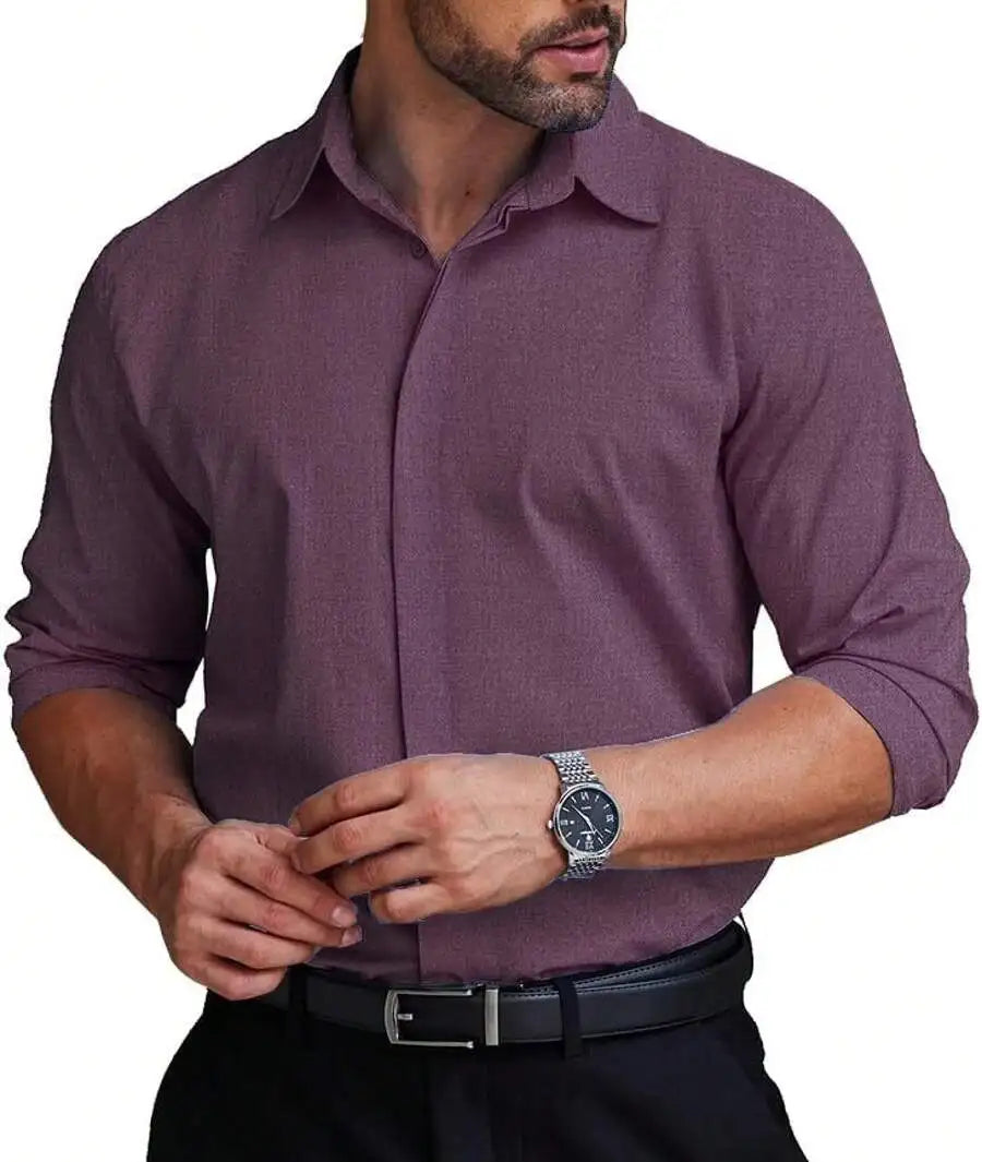 Mens Formal Dress Shirt Hidden Button Front Wrinkle Free Stretch Regular Fit