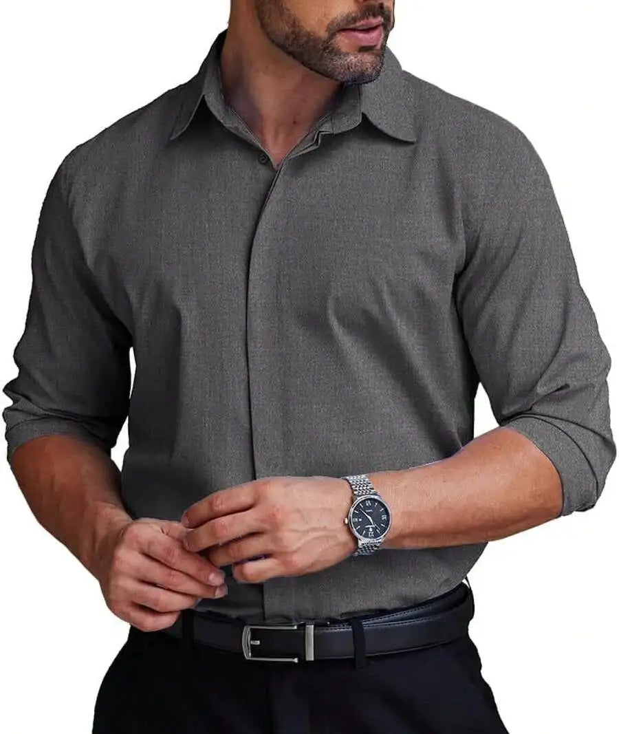 Mens Formal Dress Shirt Hidden Button Front Wrinkle Free Stretch Regular Fit