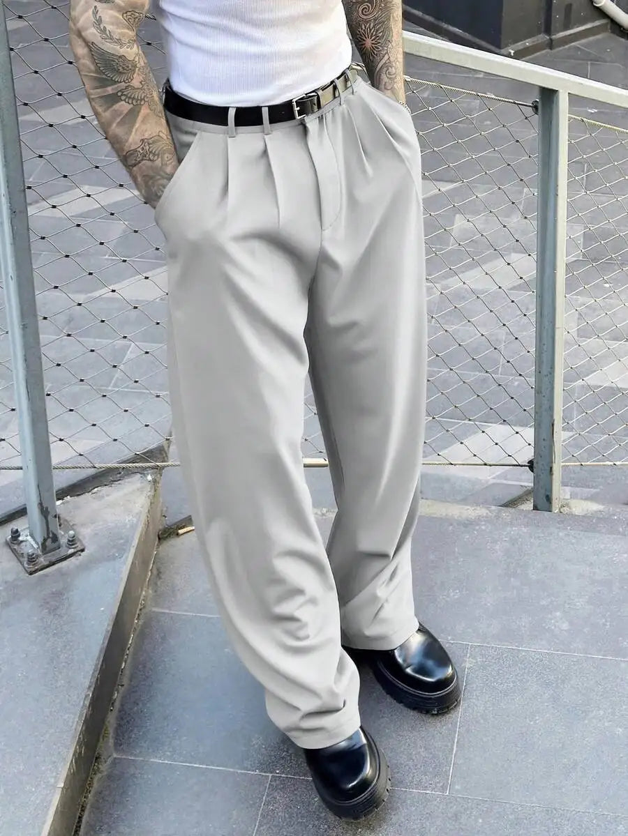 Men's Pleated Loose Straight Leg Trousers Twill Casual Business Pants