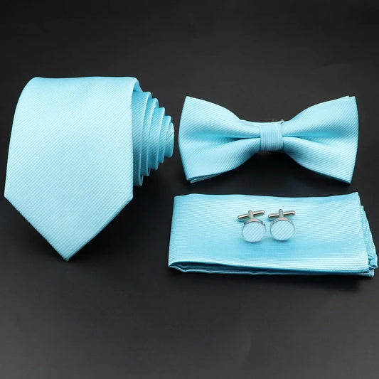 Polyester Slim Striped Tie Set With Bow Tie And Cufflinks For Groom