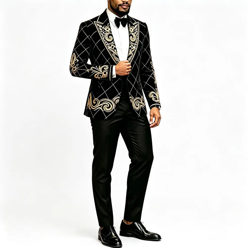 Mens Velvet Knot Embroidered Court Blazer Slim Fit Peak Lapel