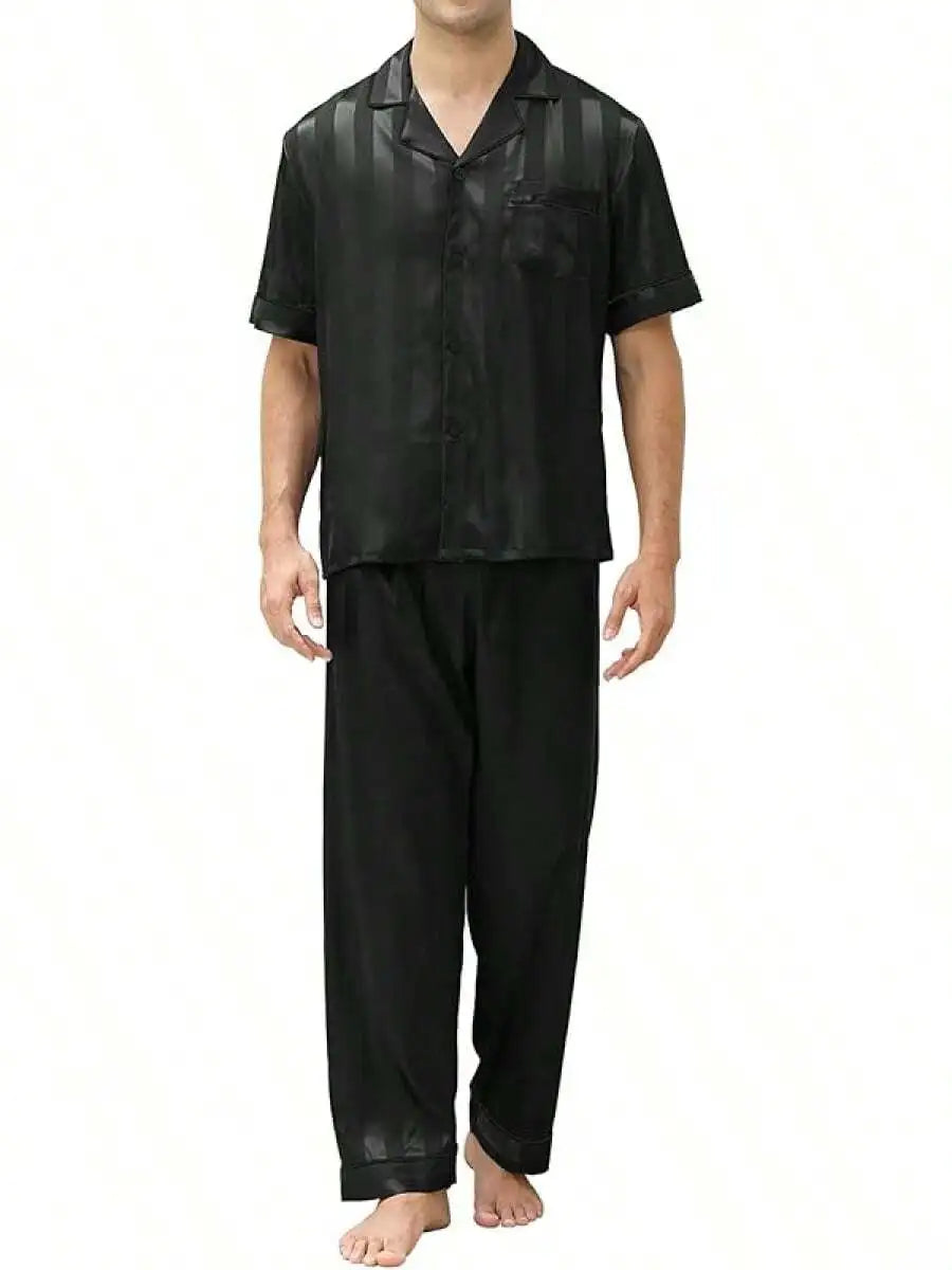 Mens Silk Satin Pajama Set Short Sleeve Button Down Loungewear
