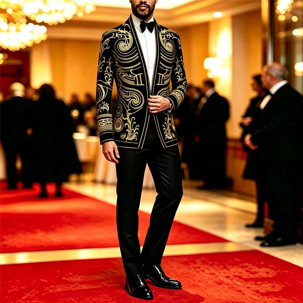 Mens Luxury Velvet Embroidery Tuxedo Blazer Jacket For Formal Wear