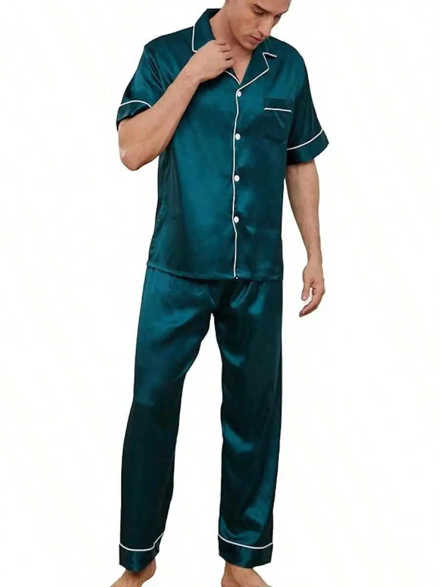 Mens Silk Satin Pajama Set Short Sleeve Button Down Loungewear