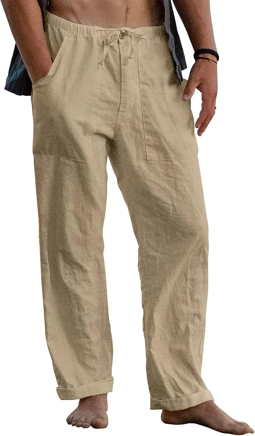 Mens Linen Pants With Elastic Waist Drawstring Loose Fit Beachwear Pockets
