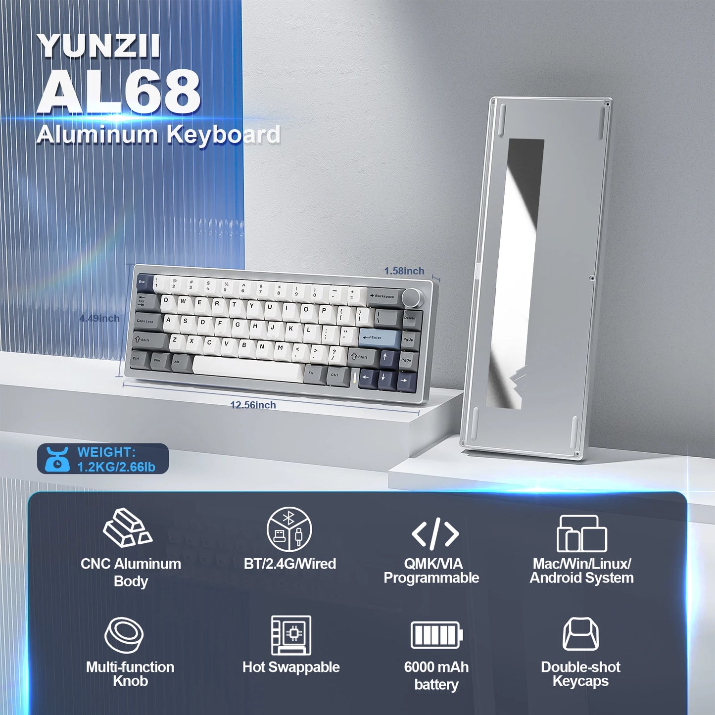 YUNZII AL68 Wireless Custom Mechanical Keyboard QMK VIA Knob