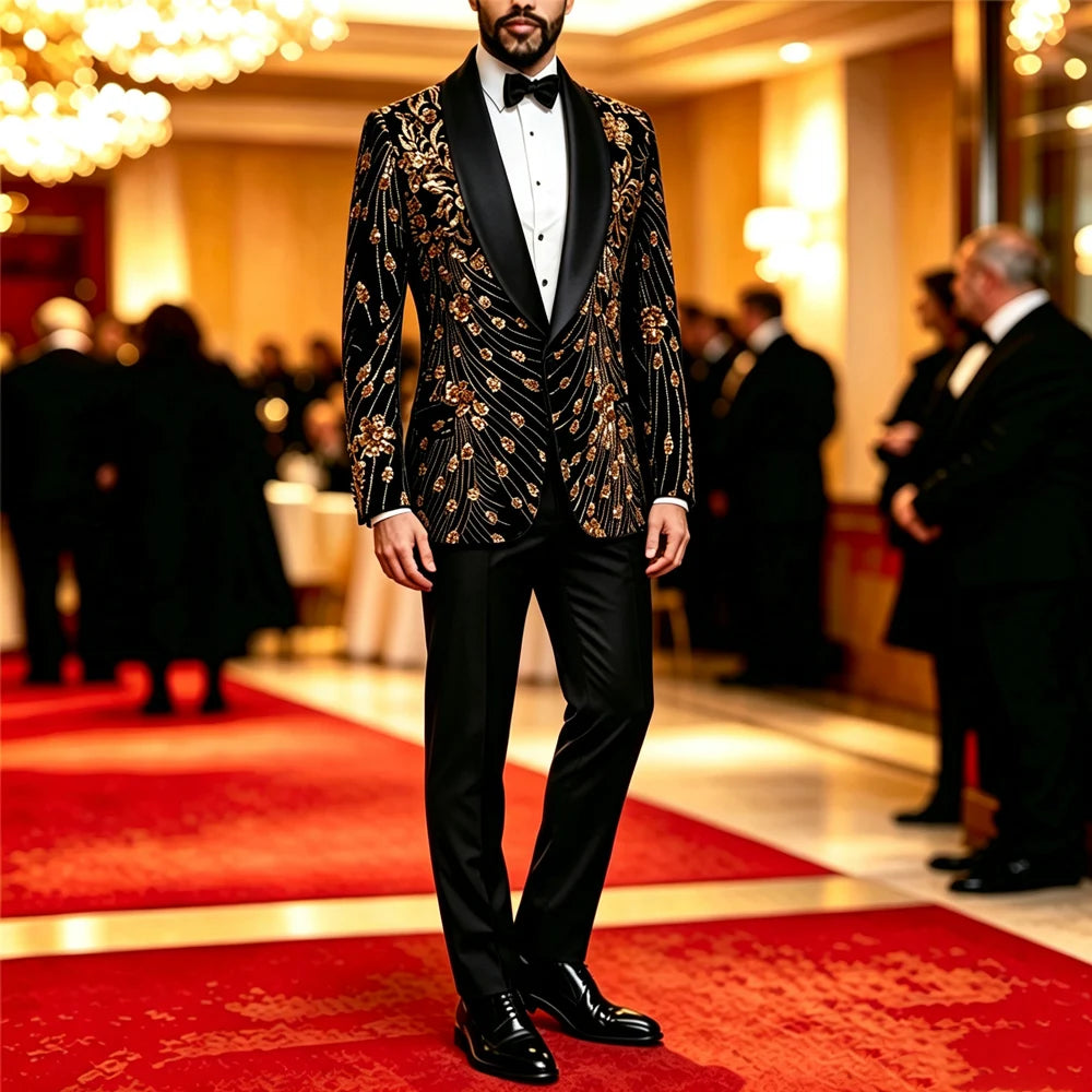 Men's Velvet Tuxedo Jacket Gold Sequin Embroidery Shawl Lapel Blazer