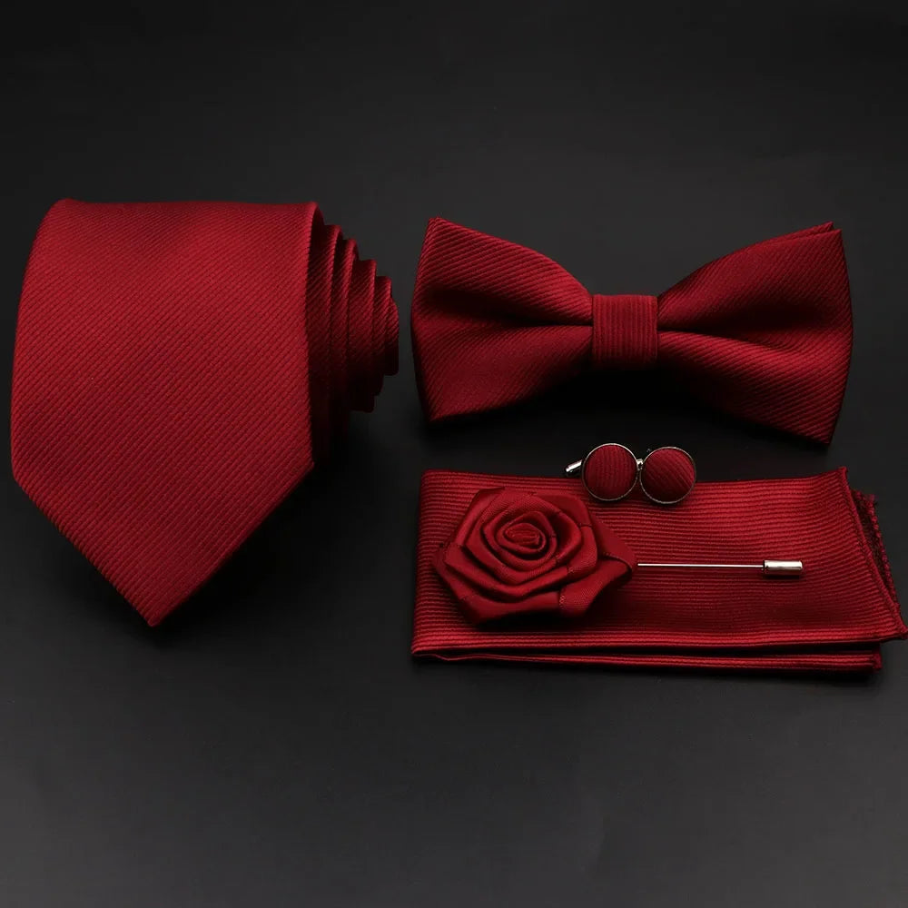 Polyester Slim Striped Tie Set With Bow Tie And Cufflinks For Groom