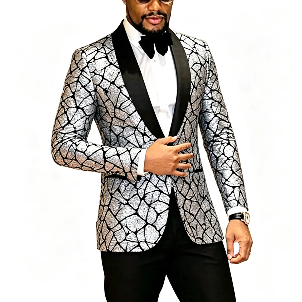 Men's Fitted Sequined Blazer With Satin Lapel For Formal Wear
