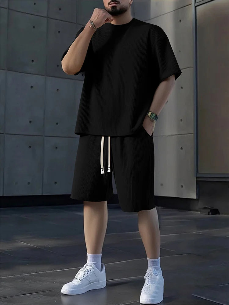 Mens Crew Neck Short Sleeve Shorts Set Breathable Sweat Absorbent