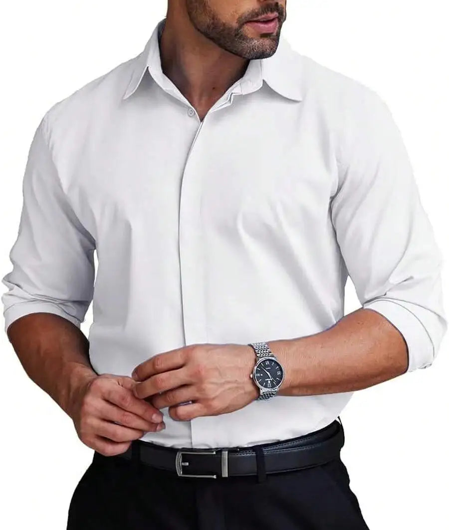 Mens Formal Dress Shirt Hidden Button Front Wrinkle Free Stretch Regular Fit