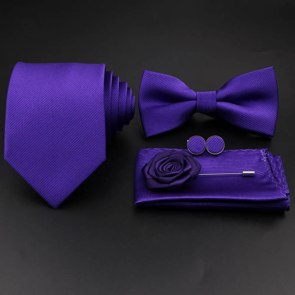 Polyester Slim Striped Tie Set With Bow Tie And Cufflinks For Groom