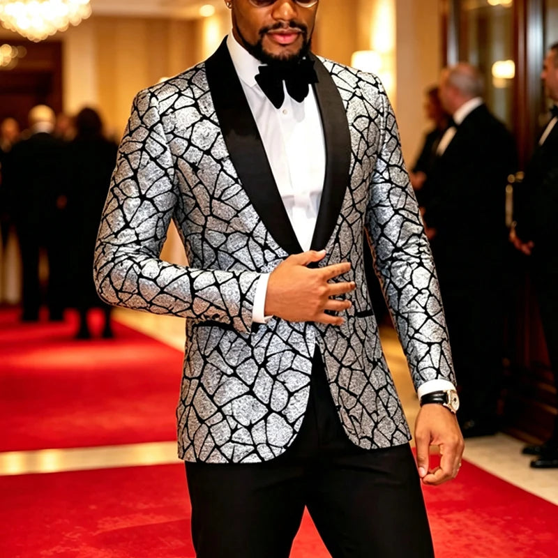 Men's Fitted Sequined Blazer With Satin Lapel For Formal Wear