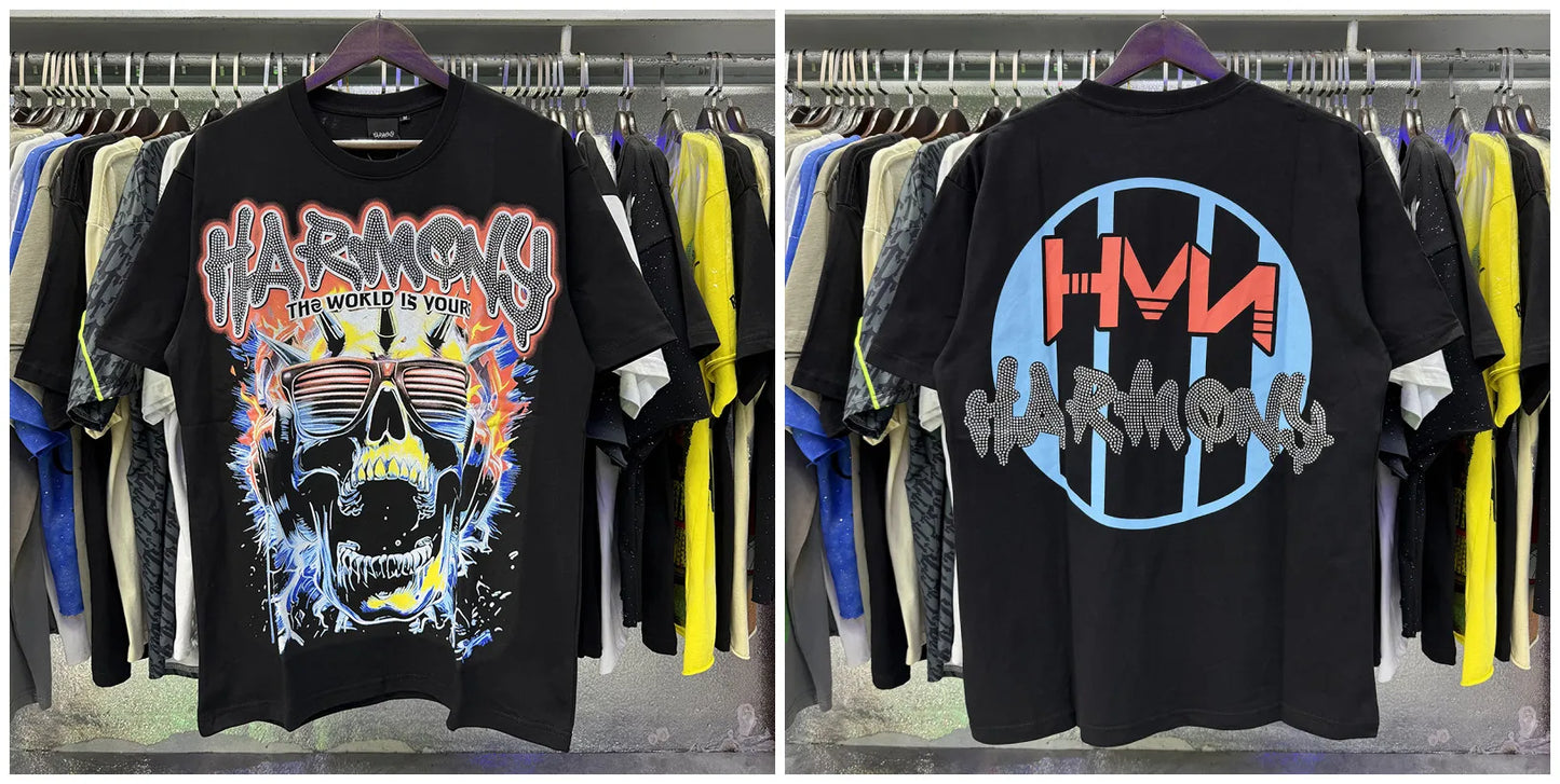 New Y2K HARMONY hotfix rhinestone logo T-shirts 100% cotton Men Women Pure Cotton American Retro Black Oversized T Shirt Street trendy T-shirt