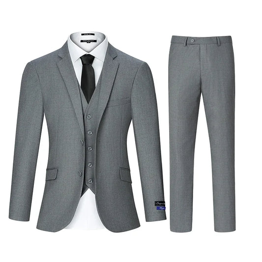 Mens Three Piece Solid Suit Set Regular Fit Button Details