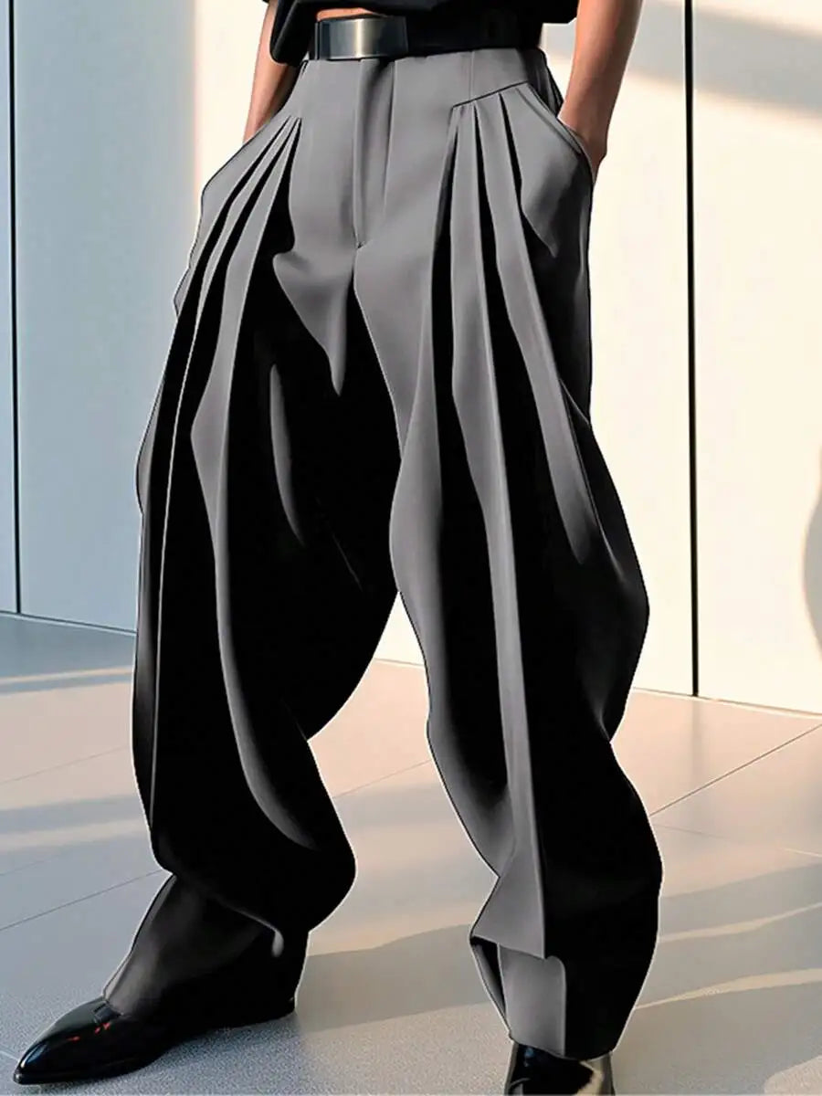 Mens High Waist Pleated Wide Leg Chino Pants Casual Solid Long Trousers