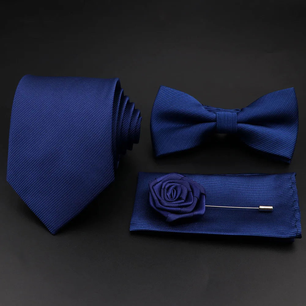 Polyester Slim Striped Tie Set With Bow Tie And Cufflinks For Groom