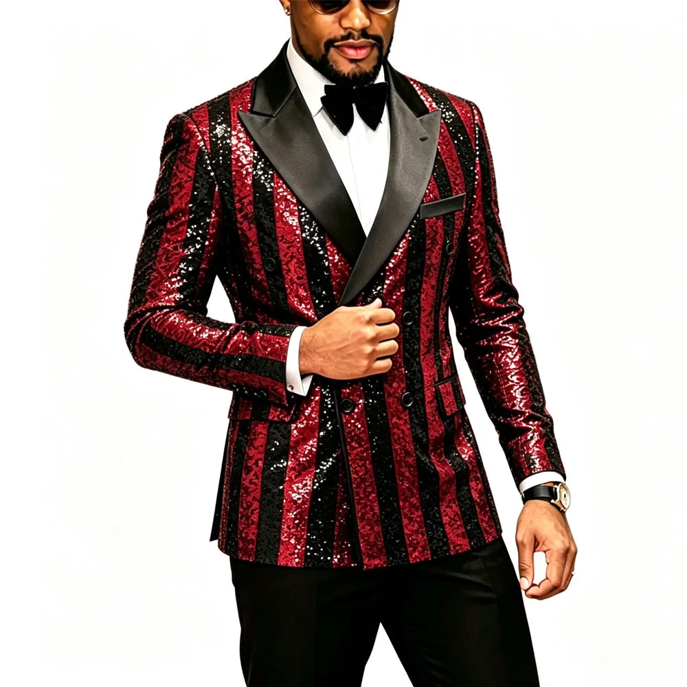 Men's Striped Sequin Double Breasted Tuxedo Suit Jacket And Pants