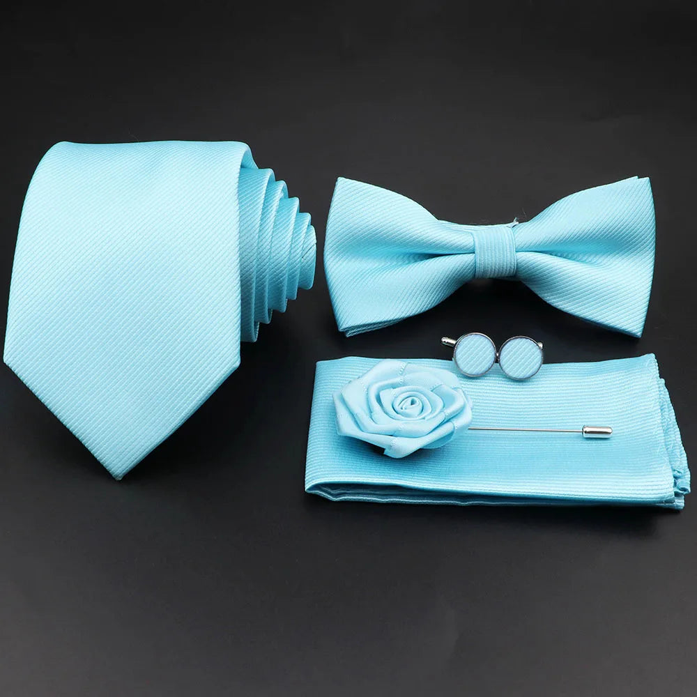 Polyester Slim Striped Tie Set With Bow Tie And Cufflinks For Groom