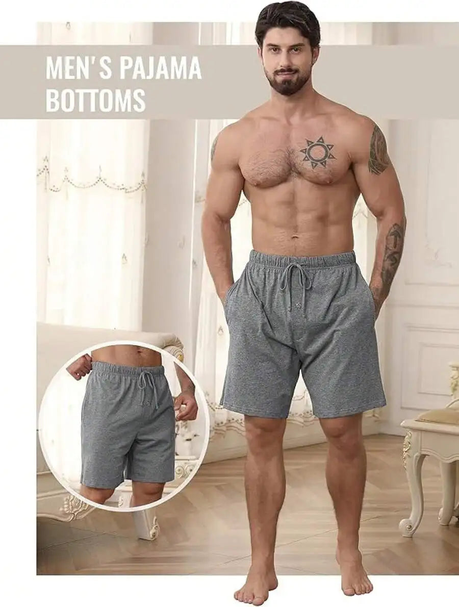 Mens Cotton Pajama Shorts 3-Pack Soft Sleepwear With Pockets
