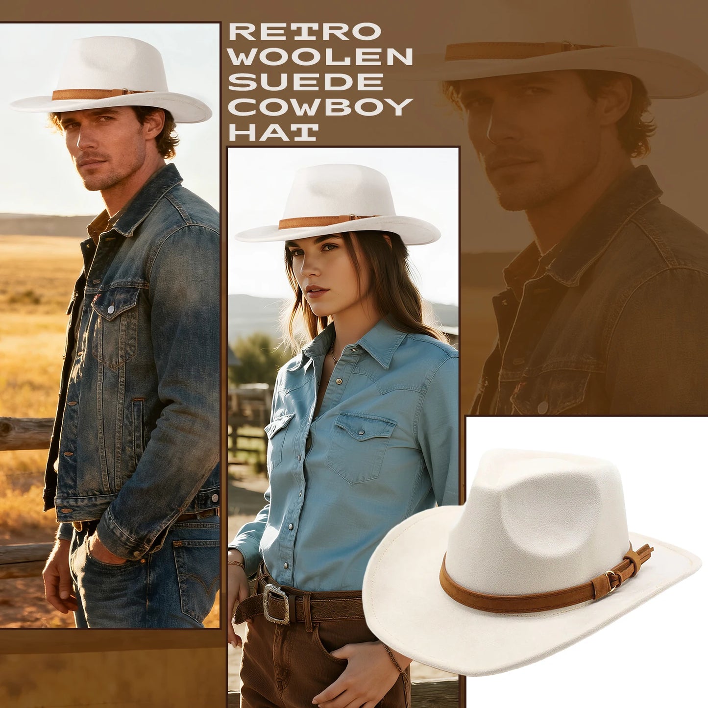Unisex Faux Suede Western Cowboy Hat With Faux Leather Belt