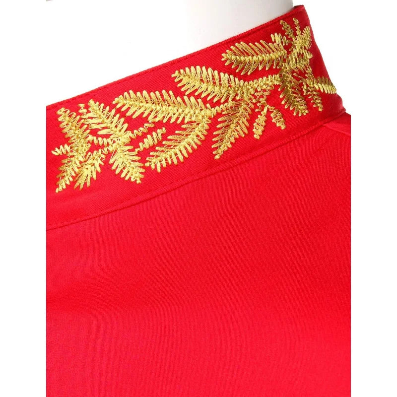 Mens Embroidery Mandarin Collar Slim Fit Long Sleeve Dress Shirt