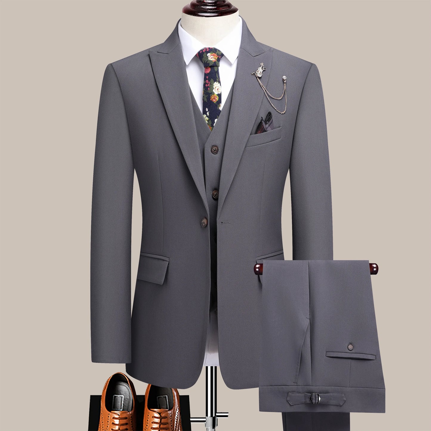 Men's Slim Three-Piece Suit With Notch Lapels For Weddings