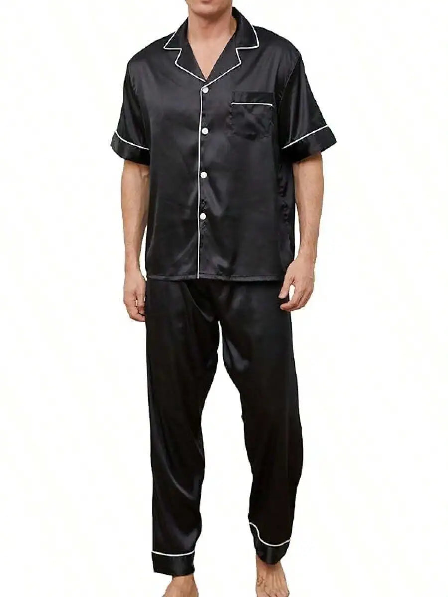 Mens Silk Satin Pajama Set Short Sleeve Button Down Loungewear