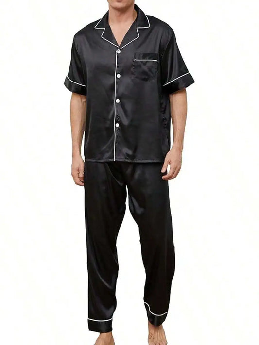 Mens Silk Satin Pajama Set Short Sleeve Button Down Loungewear