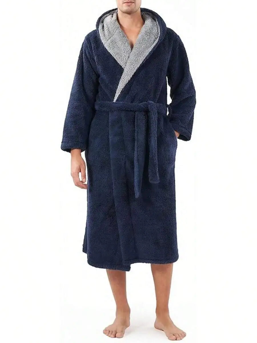 Mens Soft Fleece Plush Full Length Bathrobe With Hood