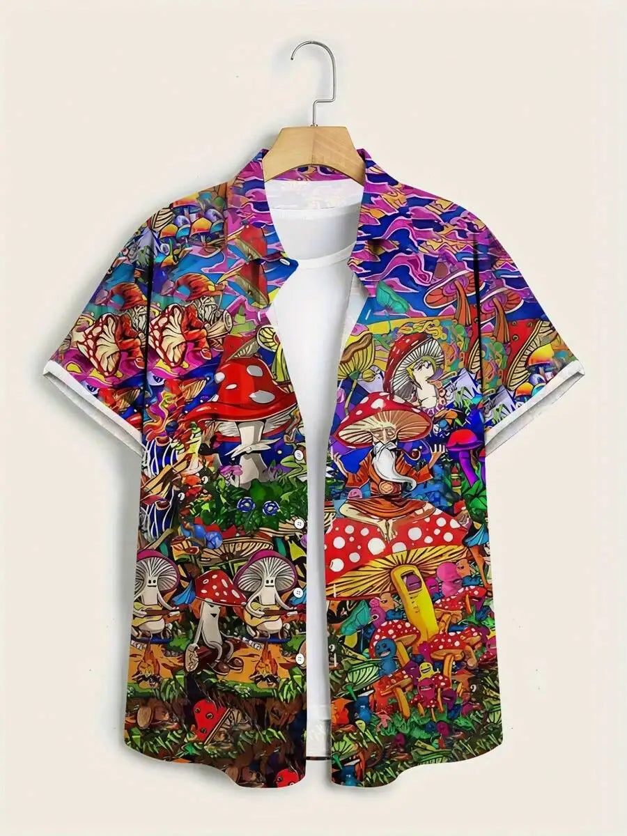 Vibrant Fantasy Mushroom Print Casual Short Sleeve Shirt for Men