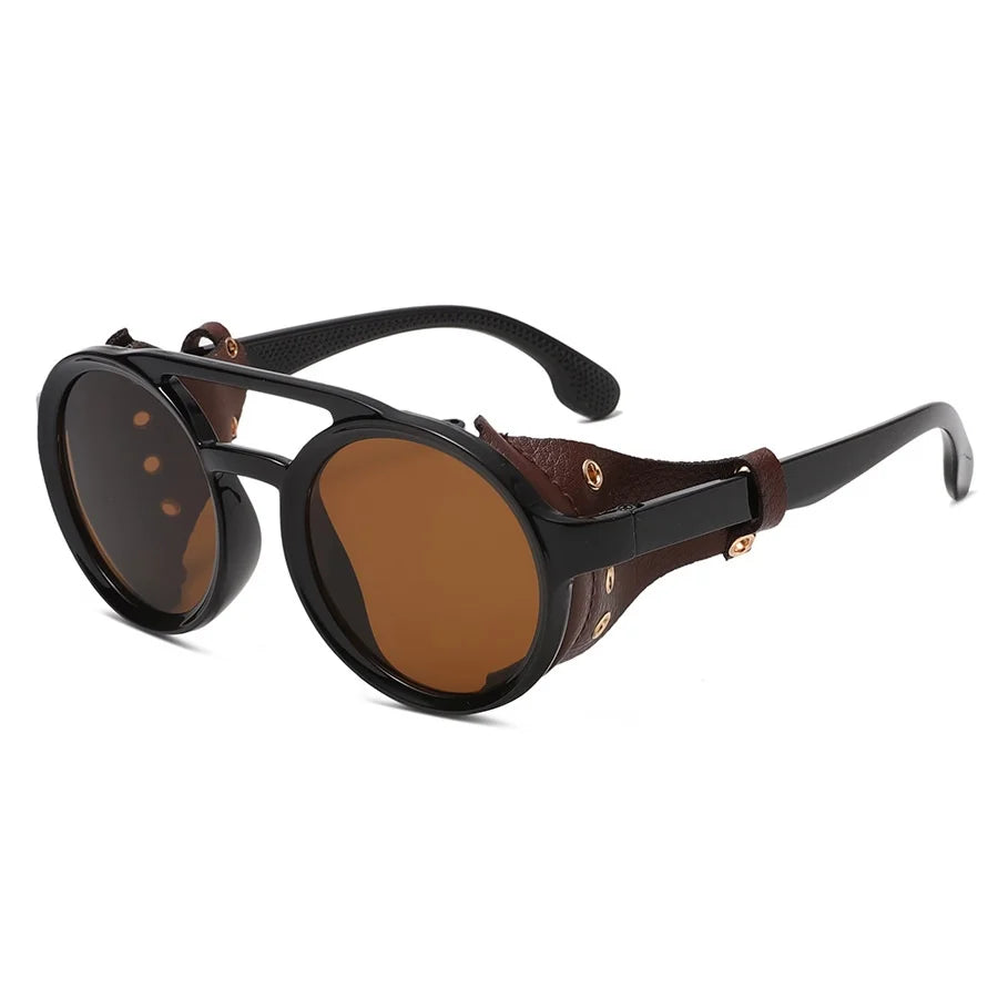Retro Leather Round Sunglasses For Outdoor Sports UV400