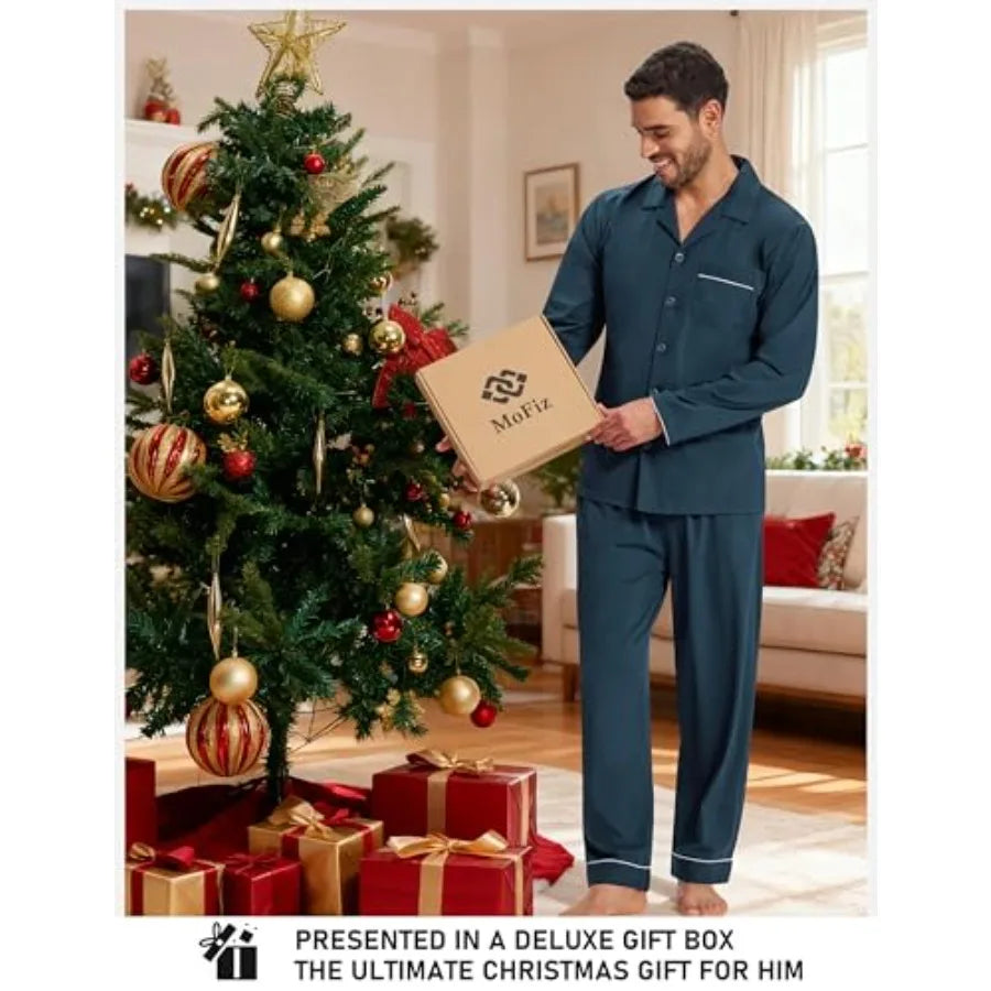 Mens Pajamas Set Soft Cotton Notched Collared Pjs for Men Long Sleeve Men's Sleepwear Loungewear Pyjama Homme