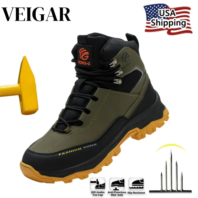 VEIGAR Leather Safety Shoes for Men Steel Toe Anti Puncture Boots
