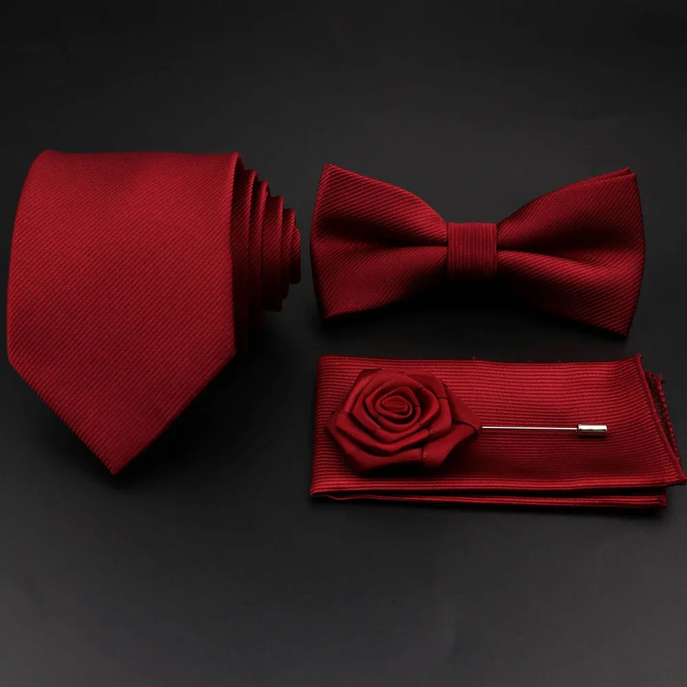 Polyester Slim Striped Tie Set With Bow Tie And Cufflinks For Groom