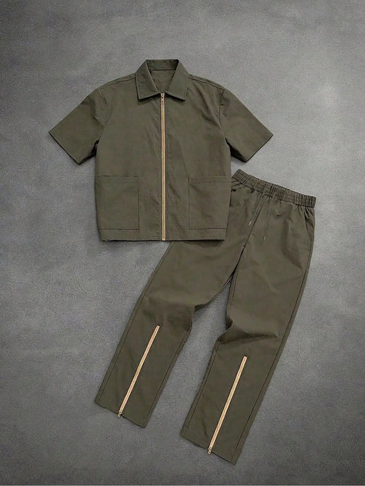 Mens Zip-Up Short Sleeve Jacket And Long Pants 2 Piece Set Casual Streetwear