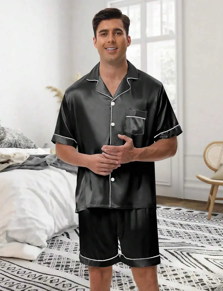 Mens Satin Pajama Set Button Down Sleepwear Loungewear