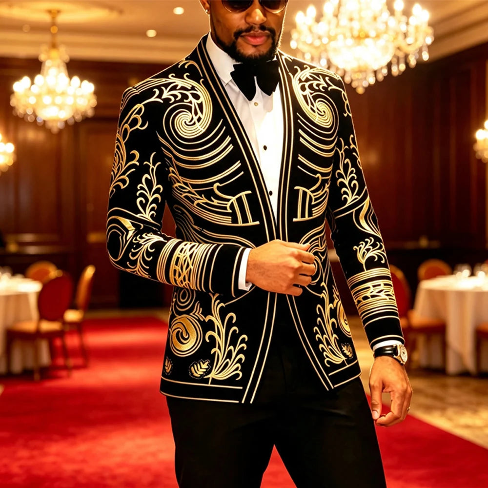 Mens Luxury Velvet Embroidery Tuxedo Blazer Jacket For Formal Wear