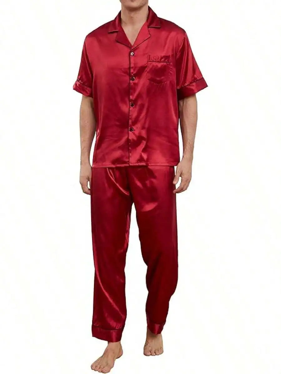 Mens Silk Satin Pajama Set Short Sleeve Button Down Loungewear