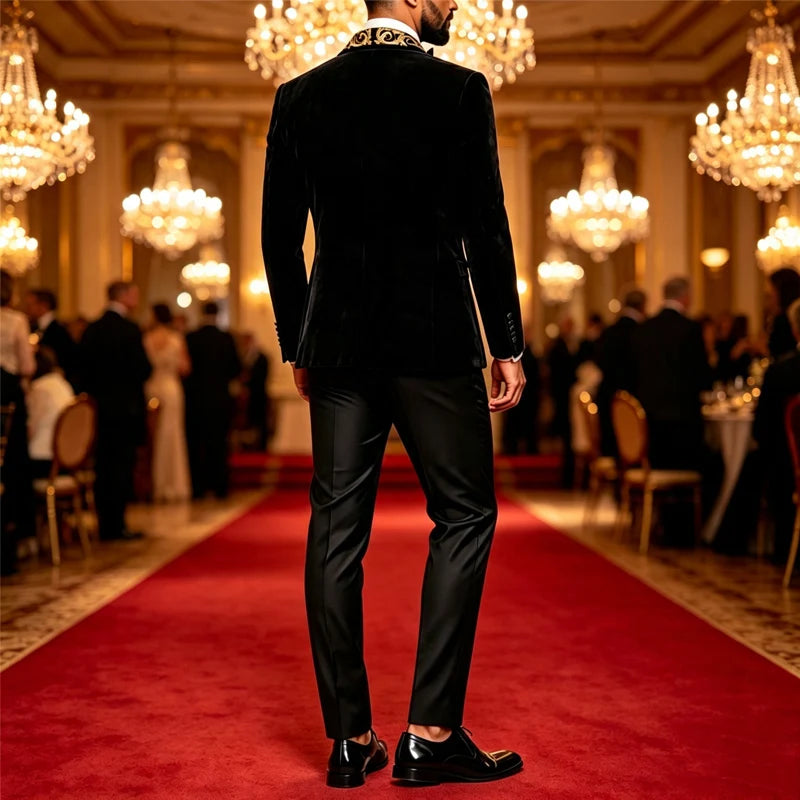Mens Velvet Blazer With Gold Baroque Embroidery Shawl Lapel