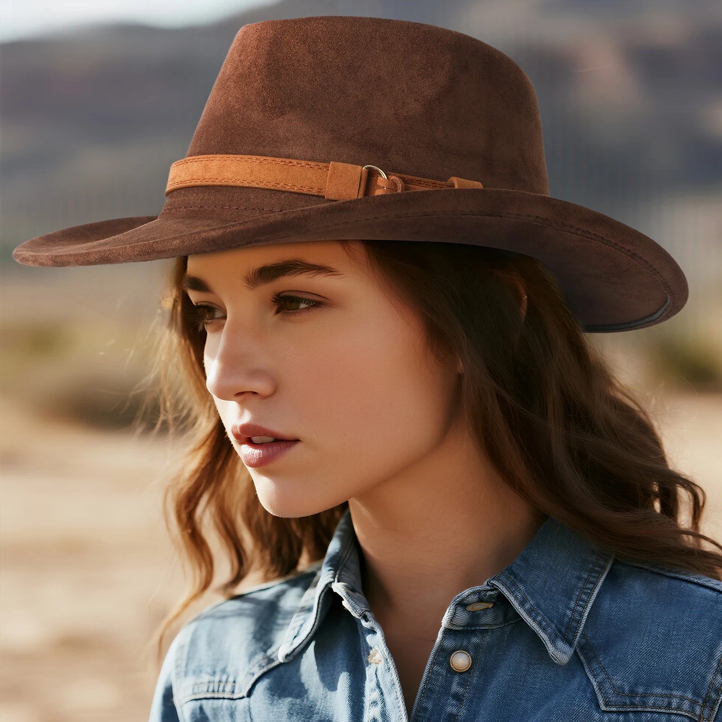 Unisex Faux Suede Western Cowboy Hat With Faux Leather Belt
