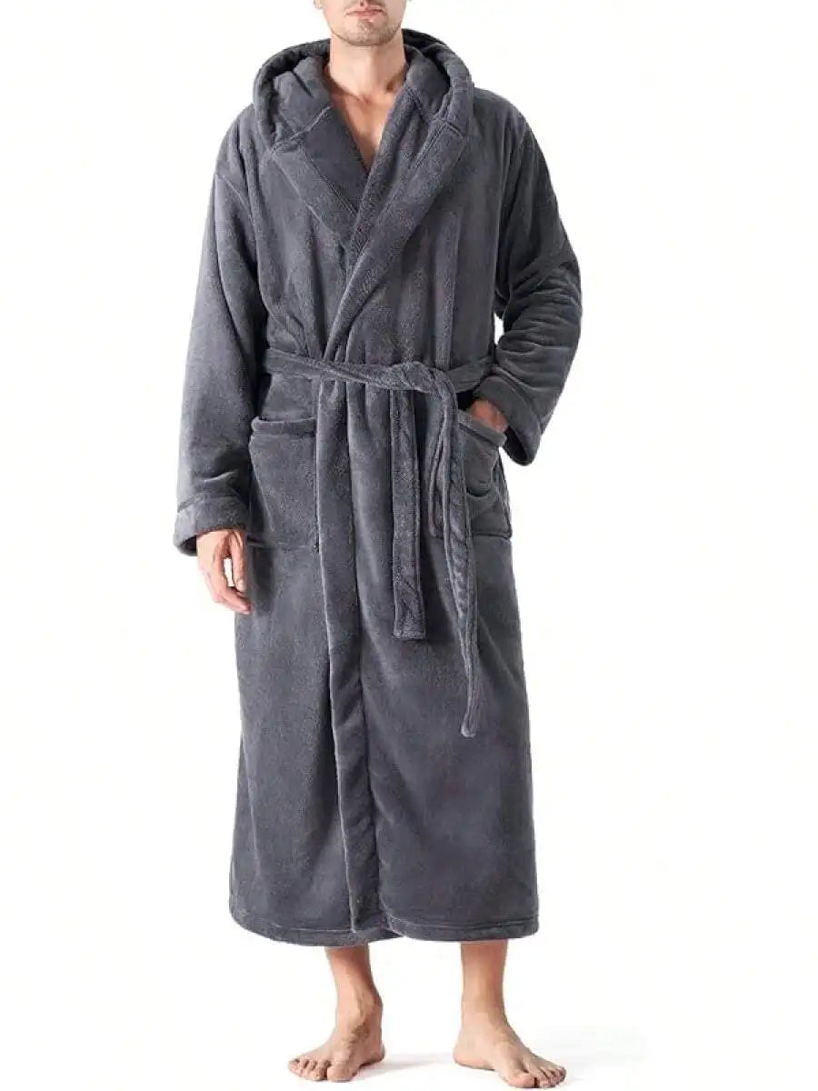 Mens Soft Fleece Plush Full Length Bathrobe With Hood