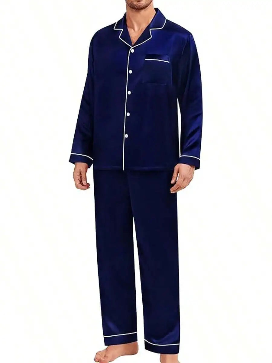 Mens Silk Satin Pajama Set Button Down Long Sleeve Loungewear With Long Pants