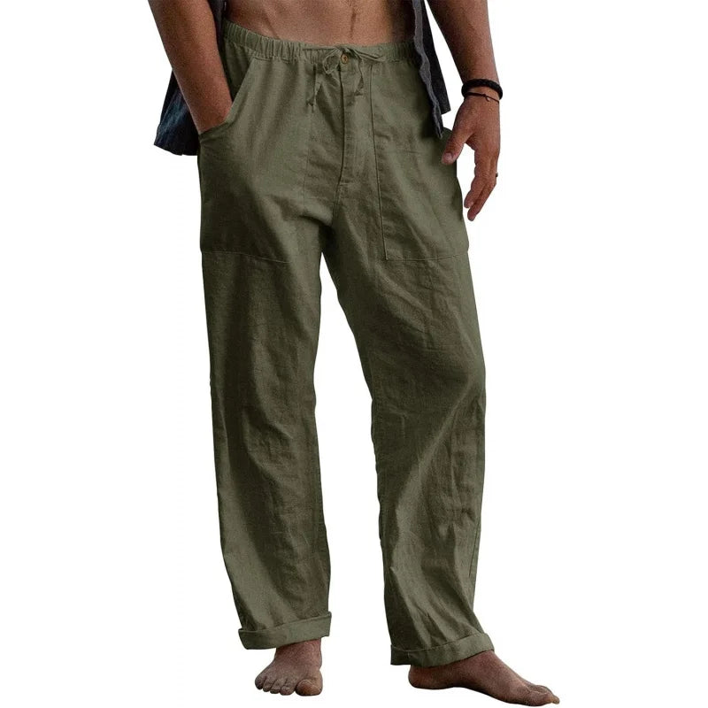 Mens Linen Pants With Elastic Waist Drawstring Loose Fit Beachwear Pockets