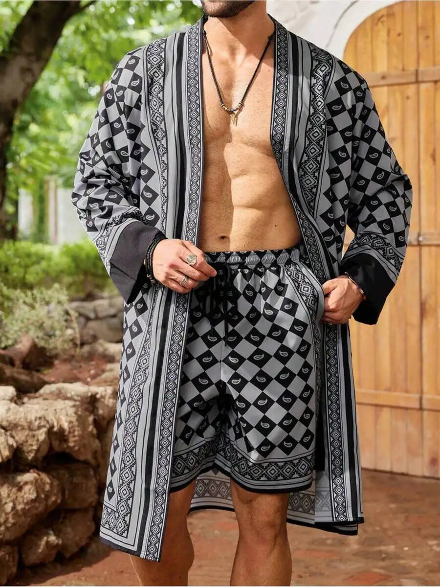 Mens Resort Style Robe And Shorts Set Comfortable Lounge Wear