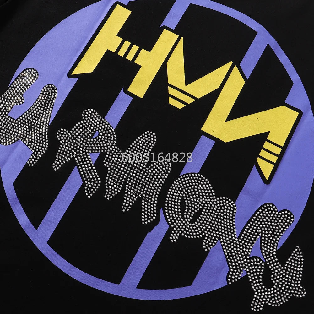 New Y2K HARMONY hotfix rhinestone logo T-shirts 100% cotton Men Women Pure Cotton American Retro Black Oversized T Shirt Street trendy T-shirt